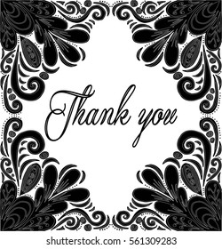 Thank you card, thanks. Vector isolated hand drawn lettering doodle floral wreath. Printable wedding card template. Modern brush pen calligraphy. Cute words and phrases