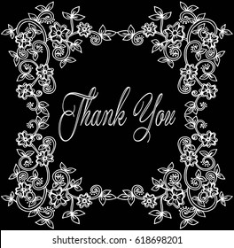 Thank you card, thanks. Vector isolated hand drawn lettering doodle floral wreath. Printable wedding card template. Modern brush pen calligraphy. Cute words and phrases