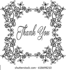 Thank you card, thanks. Vector isolated hand drawn lettering doodle floral wreath. Printable wedding card template. Modern brush pen calligraphy. Cute words and phrases