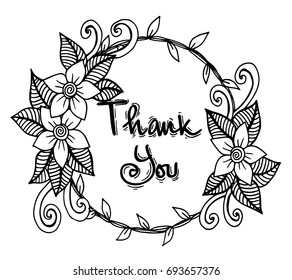 Thank you card, thanks. Vector isolated hand drawn lettering doodle floral wreath. Printable wedding card template. Modern brush pen calligraphy. Cute words and phrases