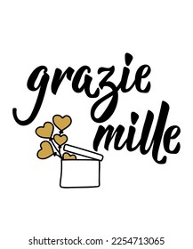 Danke Karte. Übersetzung aus dem Italienischen - Vielen Dank. Grazie mille. Perfektes Design für Grußkarten, Poster, T-Shirts, Banner, Druckeinladungen.