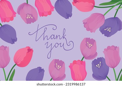 Thank you card with tulips. Horizontal greeting card with flowers