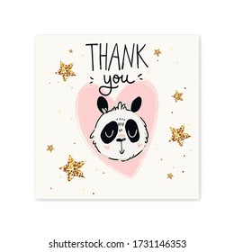 Danke, Ihr Kartenvektor. Cute Cartoon doodle Panda mit Sternen. Dankbare handgeschriebene Illustration