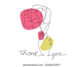 Thank you card vector element . Hand holding flower , illustration and lettering in line art style