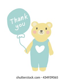 Thank You card. vector illustration - smile teddy bear holding balloon with lettering thank you.