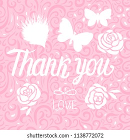 Thank you card. Vector inscription lettering calligraphy white isolated on pink curls ornament texture background.