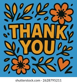 A thank you card with vibrant flowers and leaves on a blue background