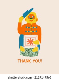 Thank you card with vintage circus monkey wearing a hat in vector. Text quote greeting post card.