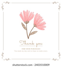 thank you card with watercolor flowers decoration, square template. suitable for greeting card, wallpaper, background design, wedding, invitation