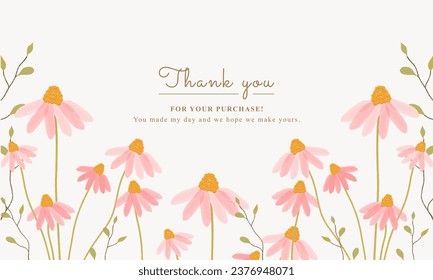 thank you card with watercolor pink daisy flowers and leaf. aesthetic floral background design for any greeting card, celebration card, wedding, invitation, shower announcement card