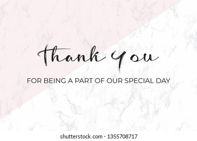 Thank you card. Wedding design template. White marble and black text. Dimensions 9x4,5 inch. With 0,25 bleed. Elegant and noble style. Minimalism. Seamless marble pattern included in palette.