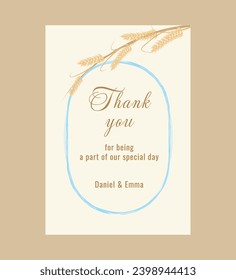 Thank you card with wheat in rustic style, template design with watercolor
