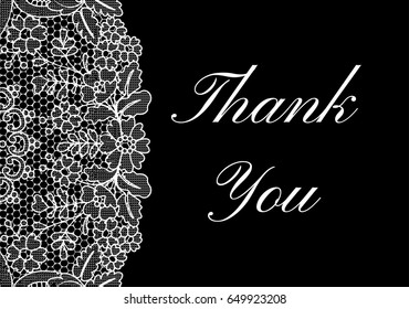 Thank you card with white lace border on black background