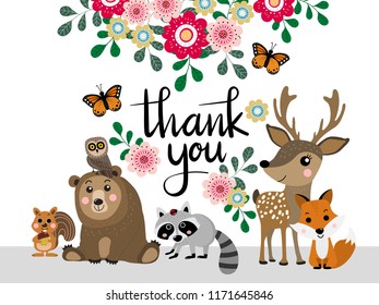 Thank you card with wildlife animal and flower. Cute squirrel, bear, owl, raccoon, deer and fox cartoon character vector. Calligraphy hand written.