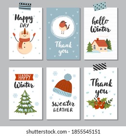 Thank you card and winter poster collection with hand drawn calligraphy quotes and cute illustrations. Season vector design templates.