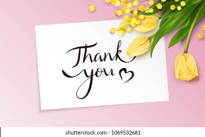 Thank you card with yellow tulips andmimosa branch on pink background.  Vetor illustration