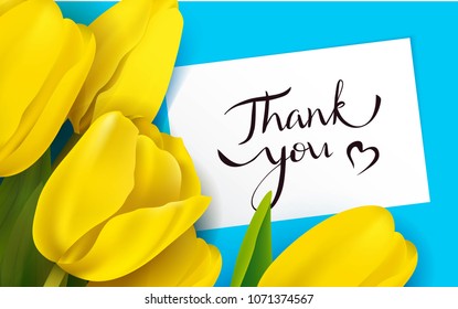 Thank you card with yellow tulips on blue background.  Vetor illustration