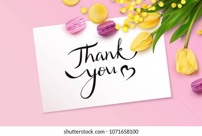 Thank you card with yellow tulips, mimosa branch and macarons on pink background.  Vetor illustration