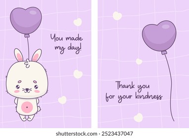 Thank You cards. Cute bunny with balloon on purple checkered background with phrases. Isolated vertical posters Thankful banner, Grateful Greetings, Appreciation Note, Message. Vector illustration