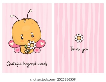 Thank You Cards. Cute butterfly with chamomile flower. Funny cartoon insect kawaii character on pink background. Vector illustration. Isolated vertical Thankful posters. Greeting banner, flyer.