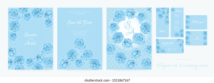 Thank You Cards Design, Blue Roses, Wedding Flowers Invitation Collection. Floral Decorative Border, Vector Spring Background in Pastel Colors. Delicate Vintage Bouquet, Thank You, RSVP, Menu, Invite.