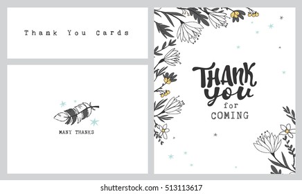 Thank You Cards, Favor Tags with feathers, branches, flowers and hand lettering. Baby Shower Decoration. Wedding design