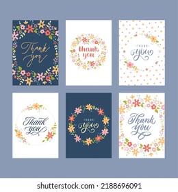 Thank You Cards. Hand Written Postcard With Words Of Gratitude, Greetings Lettering With Flowers Decoration Vector Set. Cute Natural Design With Grateful Words In Floral Frame Collection