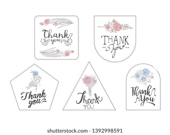 Thank You Cards with Handwritten Inscription, Design Element Can Be Used for Gift or Greeting Card, Invitation, Flyer, Banner, T-shirt Print Hand Drawn Vector Illustration