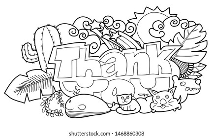 Thank you cards, letters decorated with leaves of plants and cartoon characters, various animals with clouds and sun. Vector illustration.