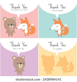 Thank you cards with polite messages from Mr. Bear and Fox for good feelings. of your important person