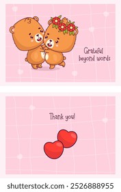 Thank You cards. Romantic happy couple in love bears on pink background with heart. Cute animals kawaii character. Isolated vector horizontal posters Thankful, Grateful Greeting, Appreciation Note