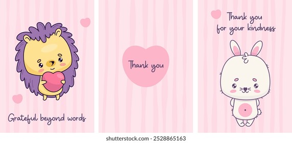 Thank You cards set. Cute bunny and hedgehog with heart on pink background with phrases. Isolated vertical posters Thankful banner, Grateful Greetings, Appreciation Note, Message. Vector illustration