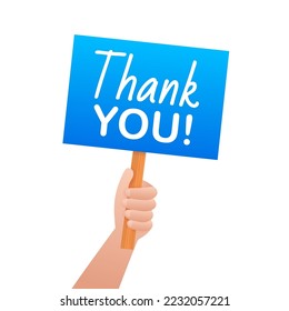 Thank you. Cartoon poster with hand holding placard for banner design. Banner, Billboard design. Vector stock illustration.