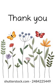 Thank you. Cheerful card with colorful flowers and butterflies.