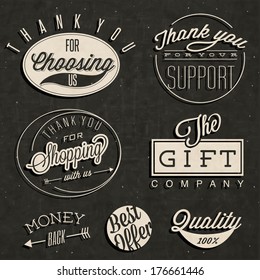 Thank you for choosing us, Thank you for your support, Thank you for shopping with us, The gift company, and other business slogans. Retro vintage style typographic titles and symbols.