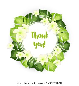 Thank you circle frame of green leaves with white flowers pattern. Realistic vector creative illustration for wedding design