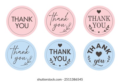 Thank you classic round stickers in pink and blue. Logo circle stamp set. Set labels and badges. Vector illustration. Round Template thank you logo for small business.