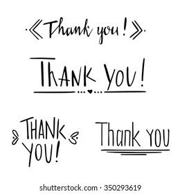 Thank you - collection of labels. Handwritten ink lettering. Hand drawn design elements.