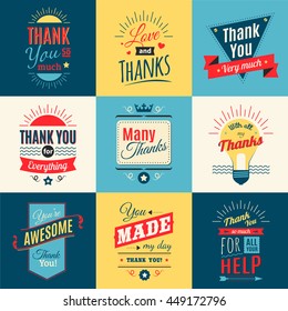 Thank you colored card designs set with love and gratitude in retro style isolated vector illustration  