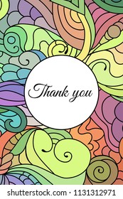 Thank you colorful ornamental ethnic greeting card with doodle style vivid pattern background.