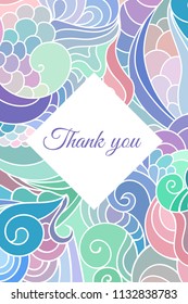 Thank you colorful ornamental ethnic greeting card with doodle style vivid pattern background.