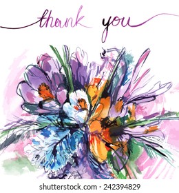 thank you/ colorful watercolor bouquet flowers with purple words/ purple pink and white irises/ green shoots/ picturesque background/ vector illustration