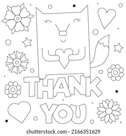 Thank you. Coloring page. Black and white vector illustration of fox with heart