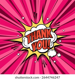 Thank you, Comic speech bubble design. Vector illustration in comic pink background