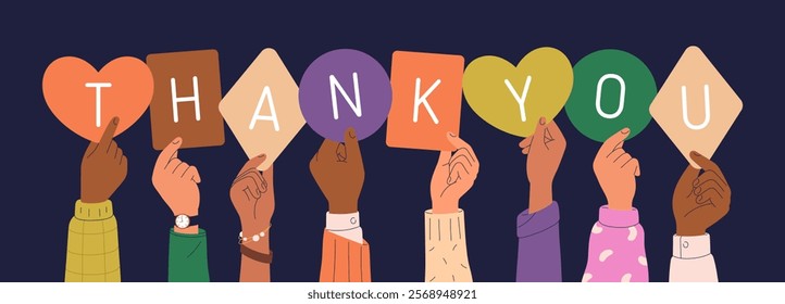 Thank you concept, diverse hands holding letters for gratitude. Arms group appreciating with note papers, text, signs. Grateful people. Appreciation expression. Colored flat vector illustration