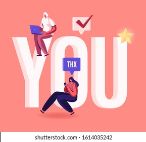 Thank You Concept. Grateful Blogger or Media Person Give Thanks to Followers in Internet Social Networks. Mobile Communication Technology Poster Banner Flyer Brochure. Cartoon Flat Vector Illustration