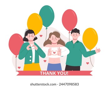 Thank you concept. Happy young adults giving thanks. Cartoon people and gratitude, balloons, hearts and ribbon, vector scene