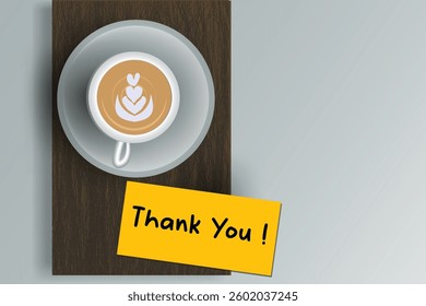 Thank you concept, A top view of a classic coffee cup placed on a wooden board vector illustration design background 