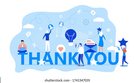 Thank you concept vector. Tiny people thank you for help. Clients evaluate the service, give rate. Like, heart, star icon are shown.