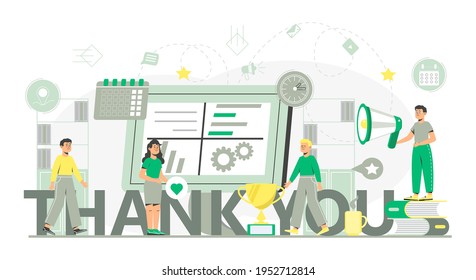 Thank you concept vector. Tiny people thank you for help. Clients evaluate the service, give rate. Like, heart, star icon are shown.